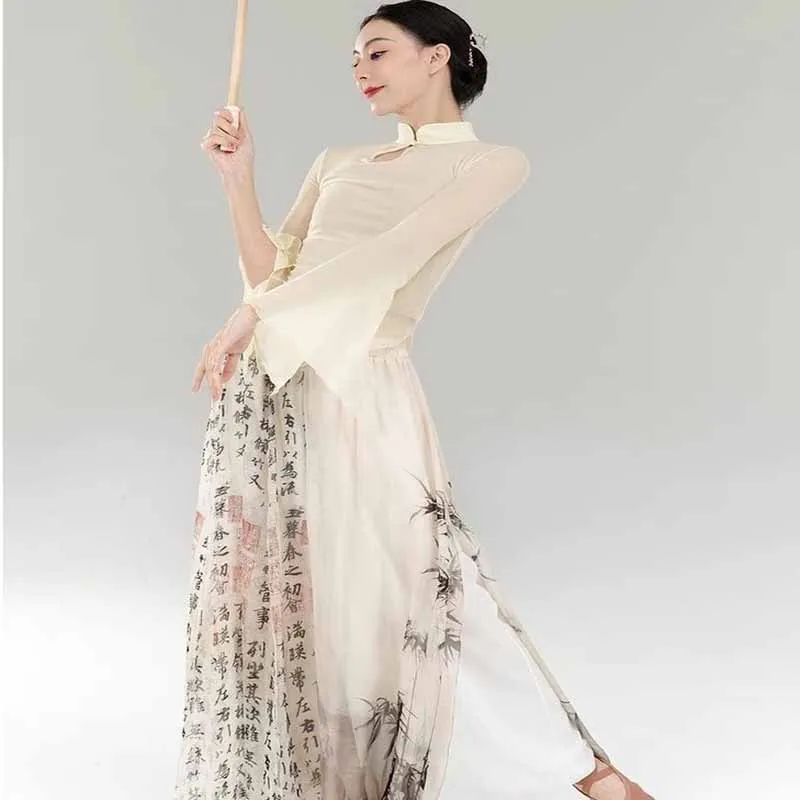 Chinese Modern Body Dance Dress Women Dancer Performance Costume Print Gauze Cheongsam Top Skirt-pant Practice Dance Costume