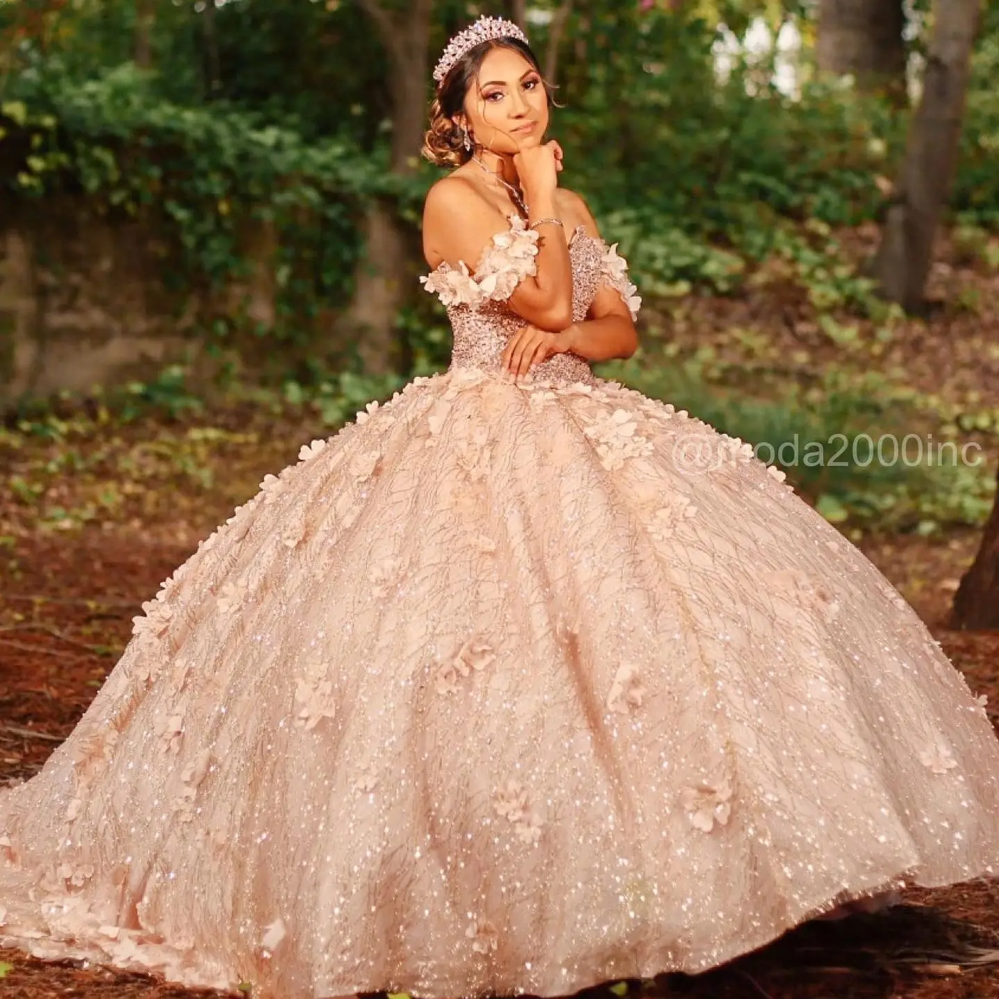 

Champagne Quinceanera Dresses Ball Gown Crystal Long Sleeve Off The Shoulder Vestidos De Quinceañera Sweetheart 16 Sweet 15