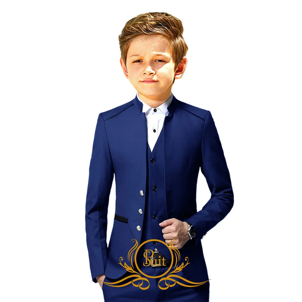 Formal 3-piece Suit for Boy Stand Collar Slim Fit Jacket Vest Pants Set Front Button Blazer Outfits