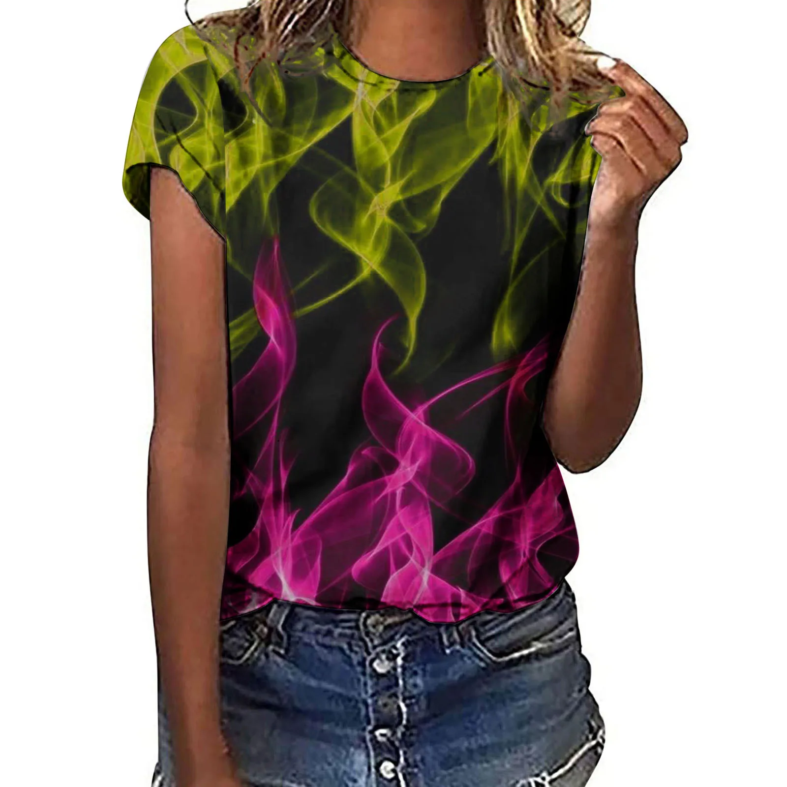 Summer Fashion Casual Color Flame Pattern 3D Printed T-shirt Large Size Comfortable Women's New Short Sleeve