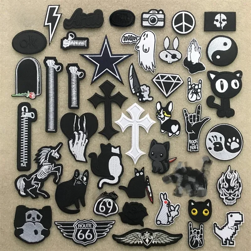 Patchs brodés noirs et blancs sur vêtements, rayures, bricolage, patchs à repasser pour vêtements, Badges autocollants, Appliques fantômes croisés