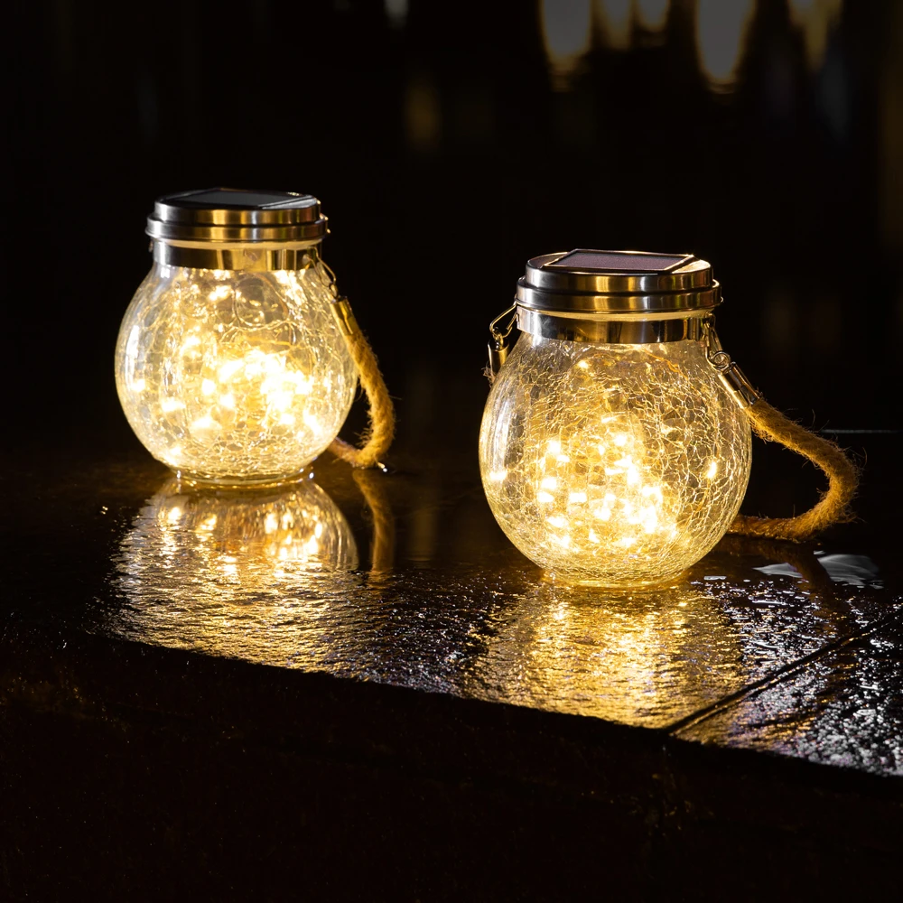 Solar Glass Jar Lights Outdoor, 2 Pack 30 LED Waterproof Hanging Lanterns, Auto On/Off, Warm White 3000K, 8-10 Hrs Runtime