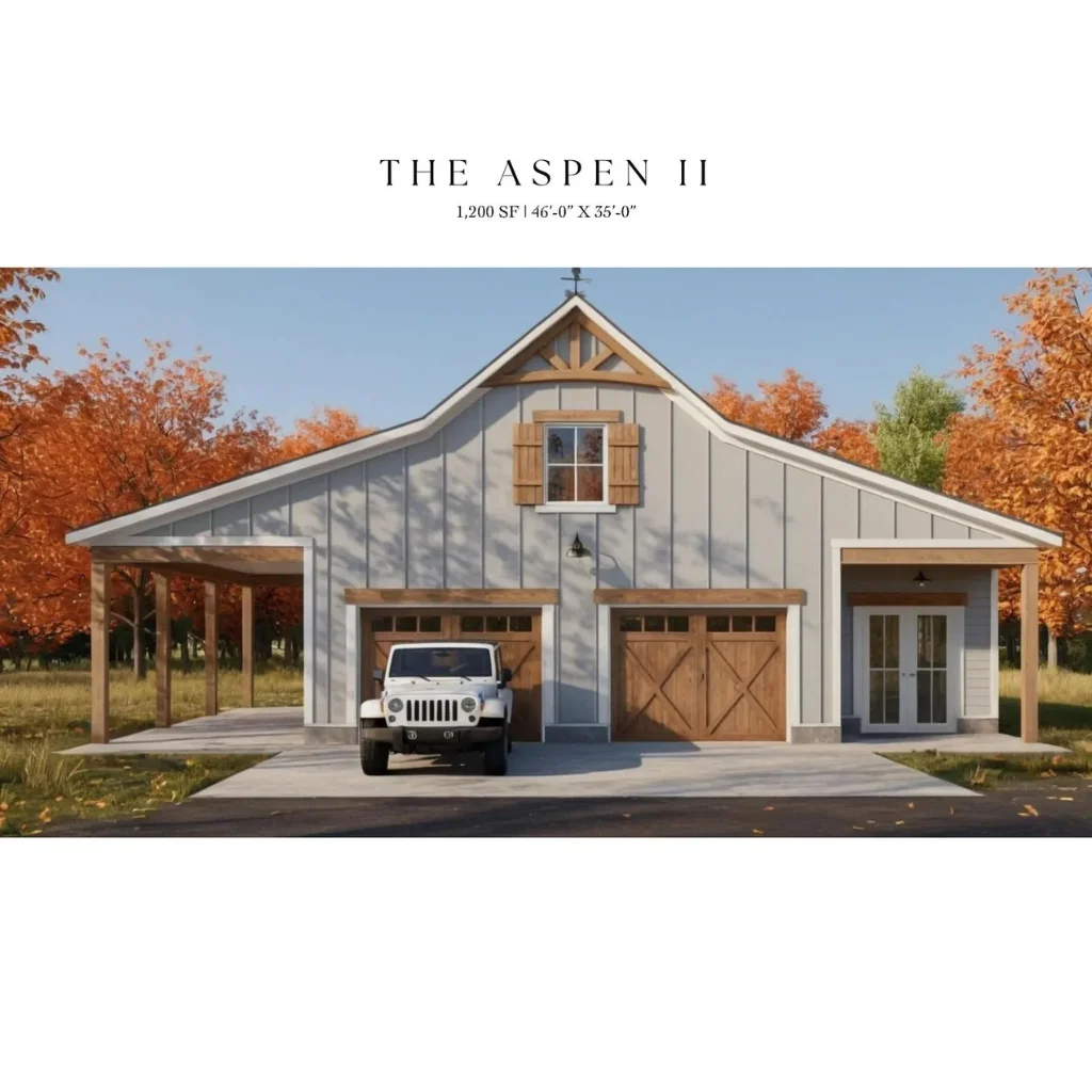 

Современный фермерский дом, 2-автомобильный гараж, печатные планы | Дизайн мастерской и горищной | Буклет «Синий буклет» Aspen II (без материалов