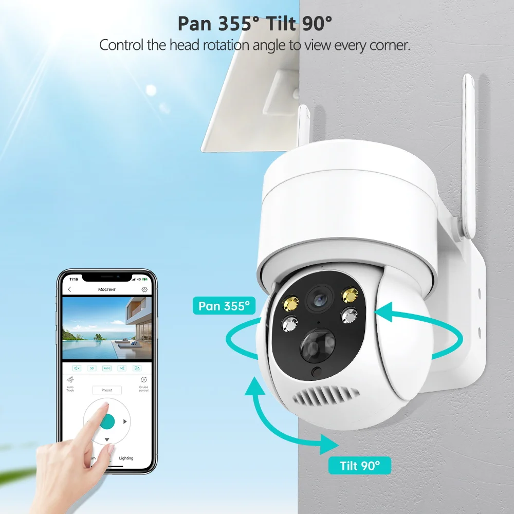 4MP WIFI Solar Camera PIR Human Detection Outdoor Security With Solar Panel PTZ Surveillance Camera iCsee Rechargeable Battery