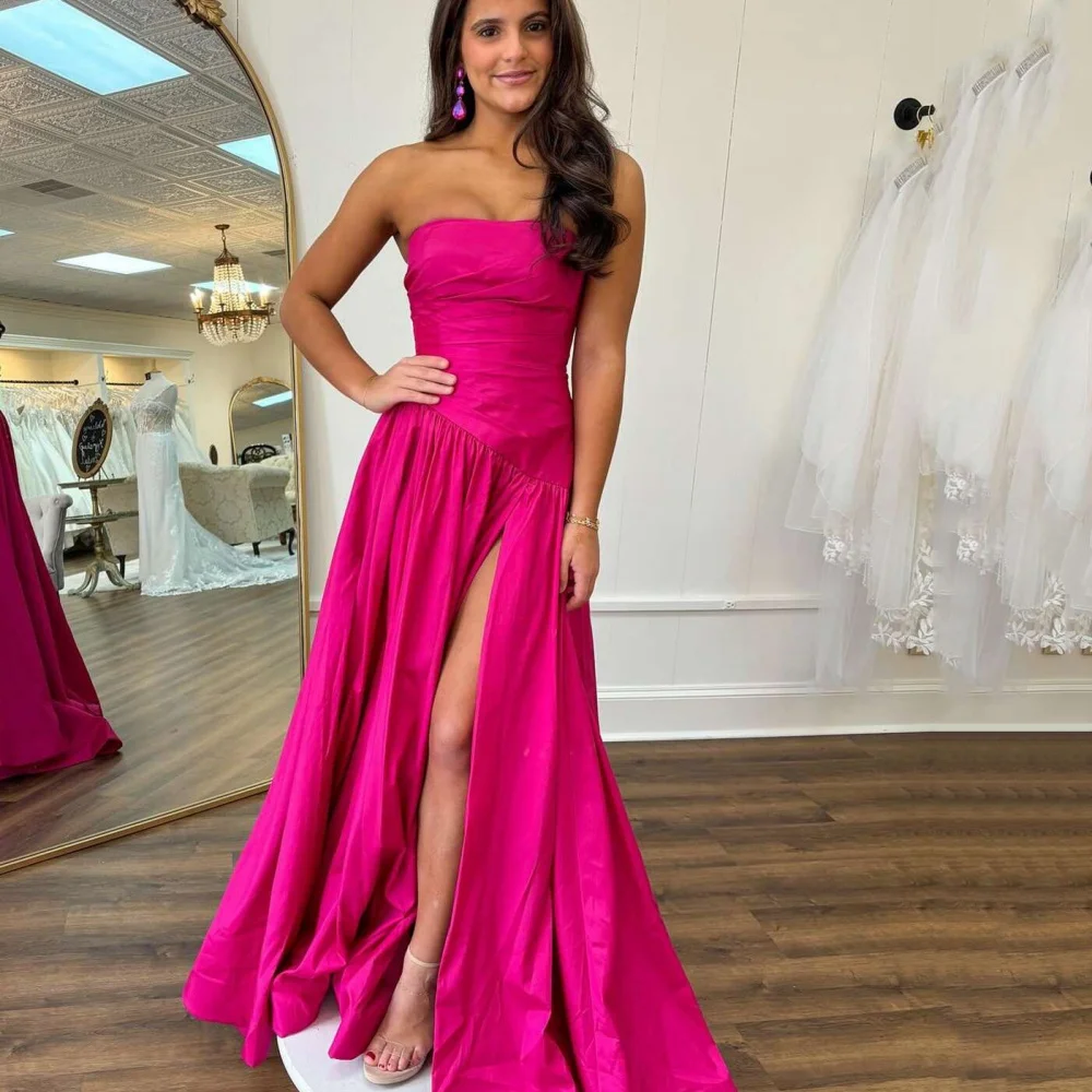 

Customized Pink Simple Party Gowns Strapless Split Evening Gown A Line Sweep Train New Prom Dresses Vestidos De Novia