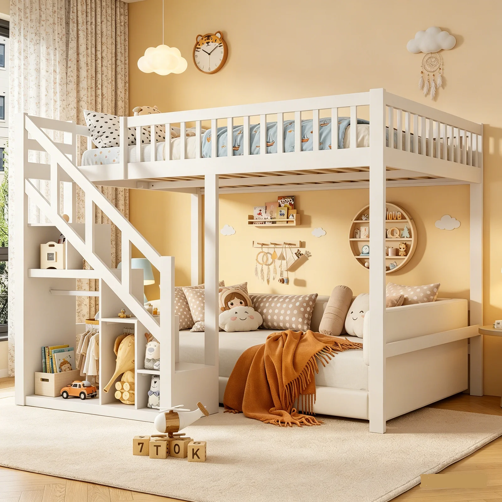 Cama alta de 90 x 200 cm, litera infantil, cama de juegos con escaleras y armario de almacenamiento, cama individual infantil con protección anticaídas y barandillas, cama alta juvenil con somier de láminas, blanca