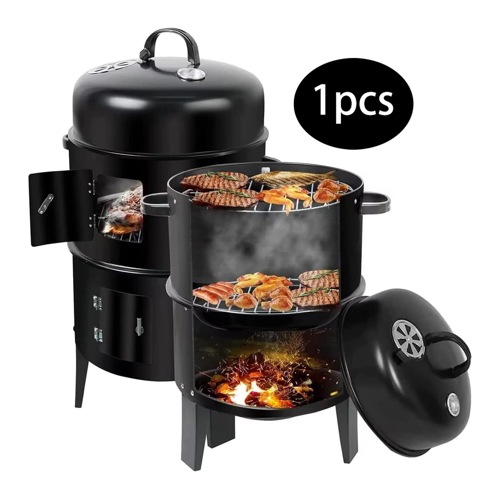 

Вертикальный гриль-барбекю 3 в 1, портативный многоцелевой угольный гриль со встроенным термометром для вечеринки, приготовления пищи на открытом воздухе