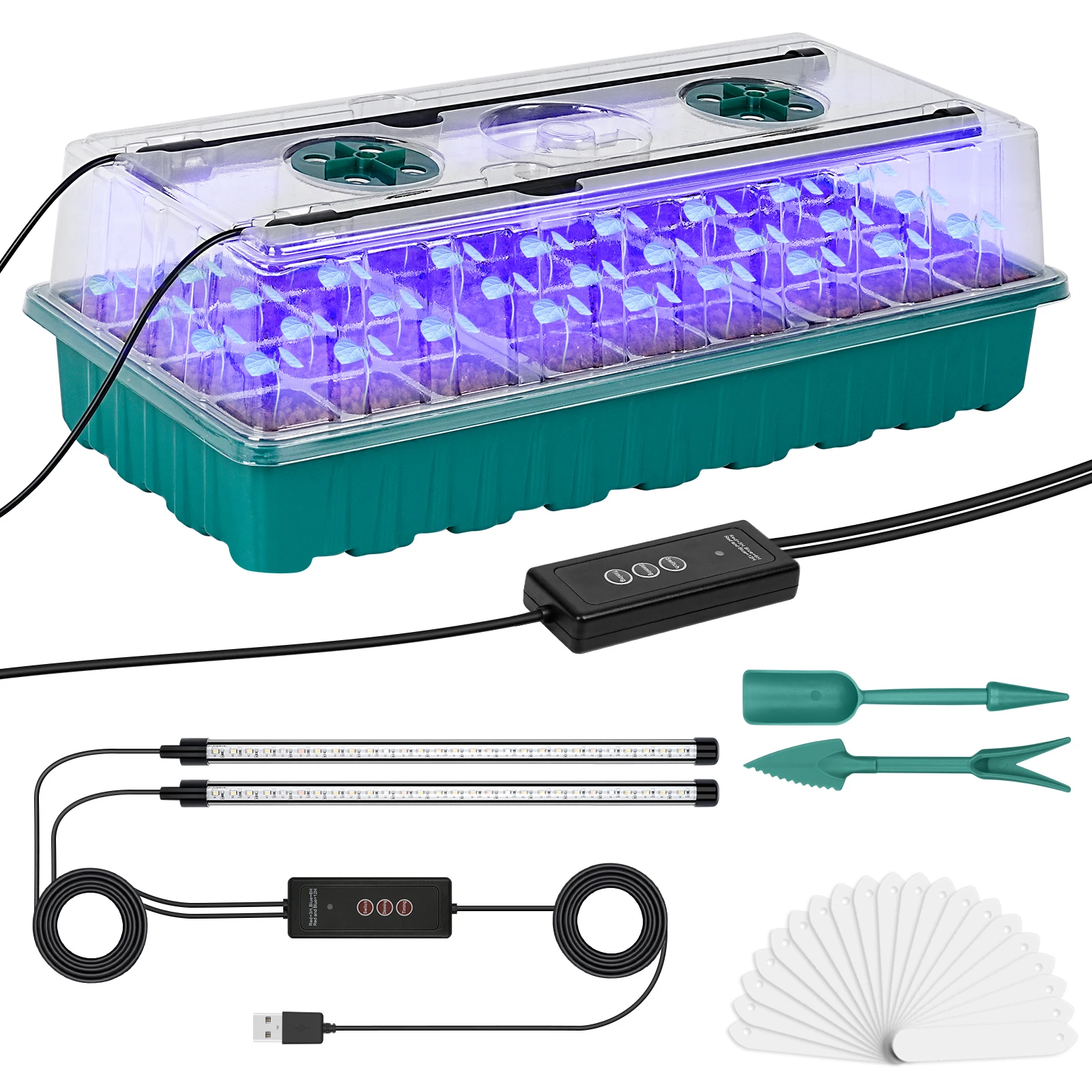 Seed starter tray with grow light, 36-cell seed germination kit, with humidity dome,and adjustable three-color lighting.