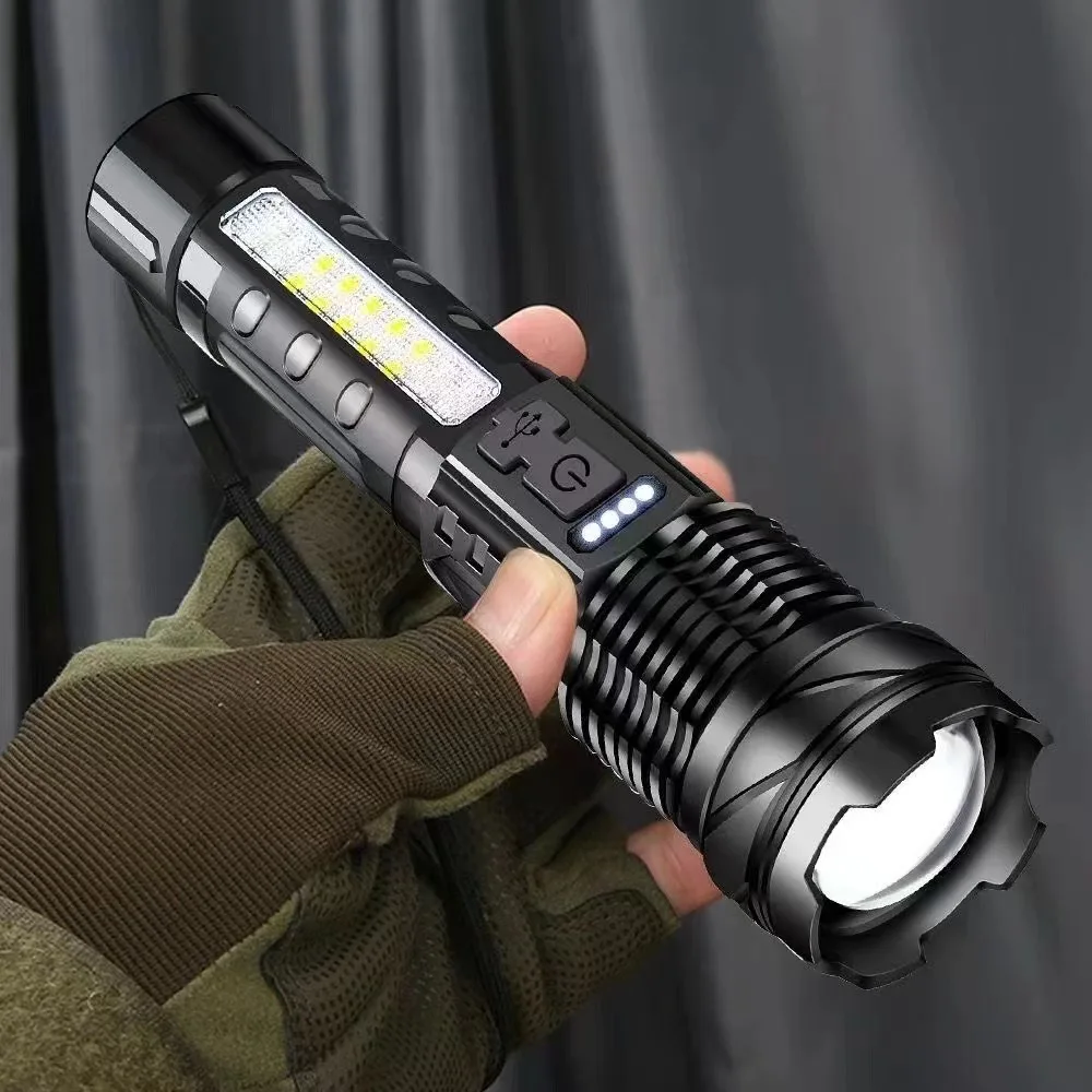 Portable Rechargeable LED Side Ligh Flashlight  Torch Outdoor Hiking Camping Fishing High Power Flashlight Outdoor Accessories