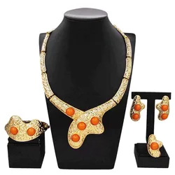 Jewelry Sets For Women Italian Gold Plated Wedding Necklace Earrings Ring Fashion Dubai Gold Color Party Necklace