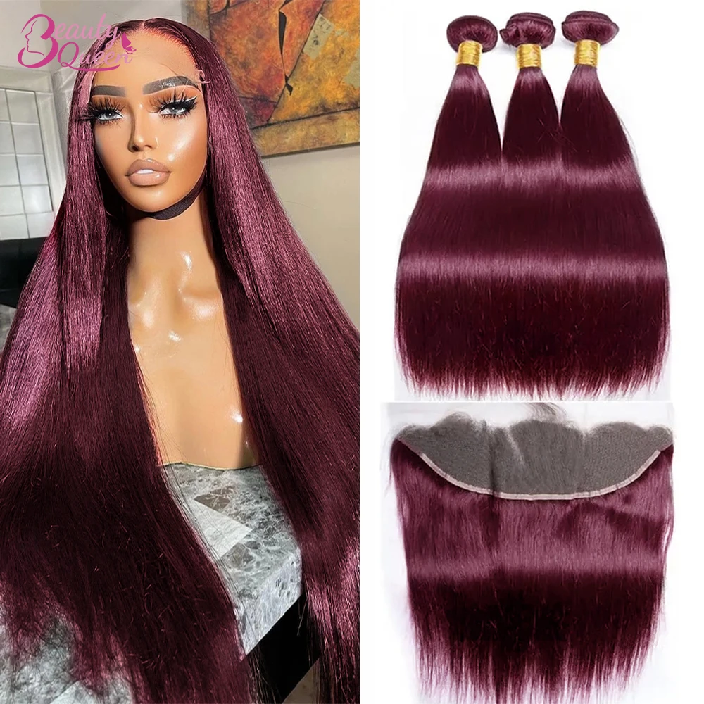 

Винно-красные прямые пучки 99J с фронтальной частью, 100% натуральные человеческие волосы, бордовые пучки с закрытием, кружевной фронт 13x4 и накладные пряди для волос