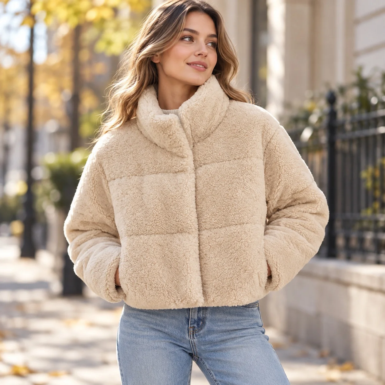 Stand Collar Single Coat with Slim Fit Streetwear Regular Length Medium Weight Composite Construction Autumn Women Jacket