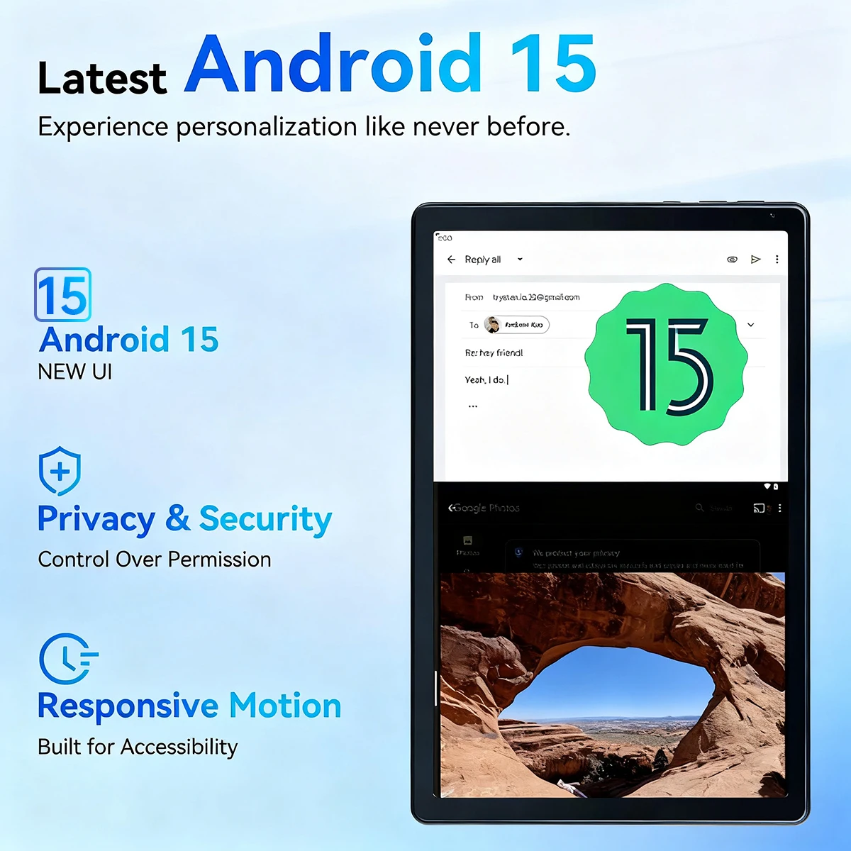 แท็บเล็ต AEEZO ขนาด 10 นิ้ว รุ่นล่าสุด ระบบปฏิบัติการ Android 15 ชิปประมวลผล Octa Core หน่วยความจำ 24GB+128GB/รองรับการเพิ่มความจุ 1TB หน้าจอสัมผัส IPS HD ความละเอียด 1280x800 รองรับ Widevine L1 และ Google Play