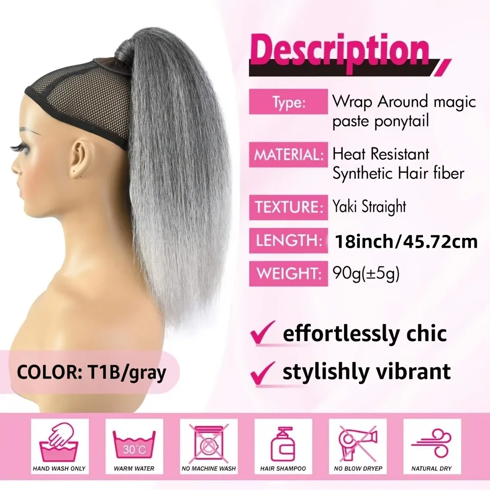 18Inch Synthetic Yaki Straight Ponytail Hair Extension Ombre Gray Wrap Around Ponytail With BB Clips For Natural Looking Style