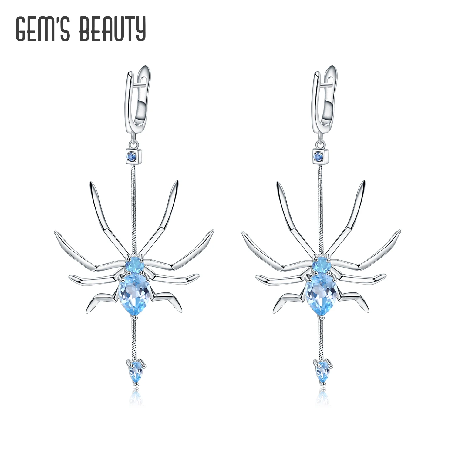 GEM'S BEAUTY Sky Blue Topaz Spider Earrings Real 925 Sterling Silver Araneid Eardrop Original Design Cool Fine Jewelry for Women