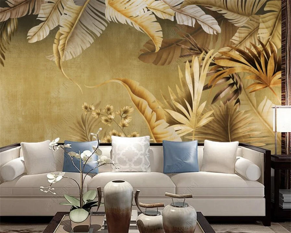 beibehang Customized Nordic modern golden leaf tropical plant three-dimensional geometric light luxury background wallpaper