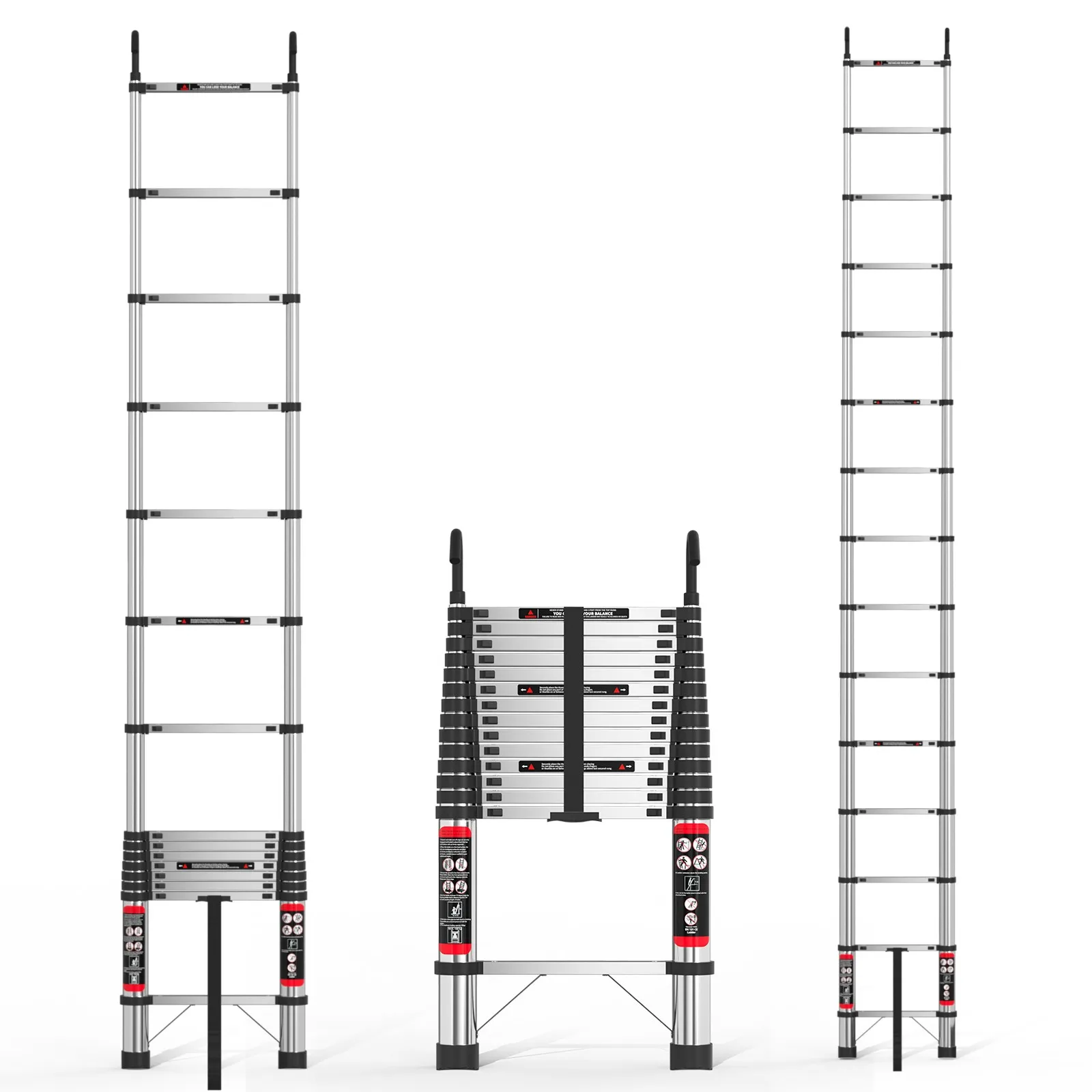 4,4 m/5 m telescopische verlengladder van roestvrij staal met 2 afneembare haken, antislipvoeten, draagvermogen van 150 kg, stevig en stabiel voor op zolder, buiten - afbeelding 2