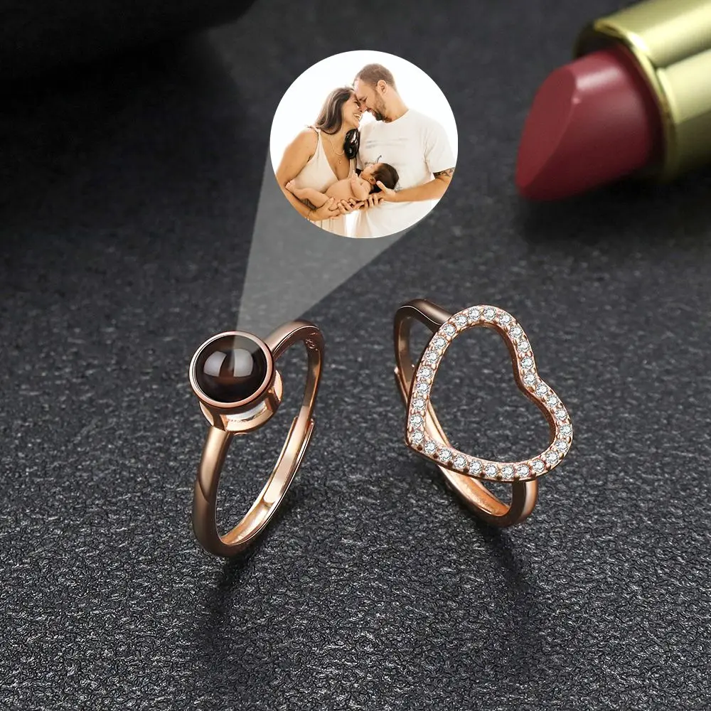 Custom Photo Rings Projection Photo 925 Sterling Silver Heart Pendent Rings for Women Men Simple Finger Fashion Couple Gift