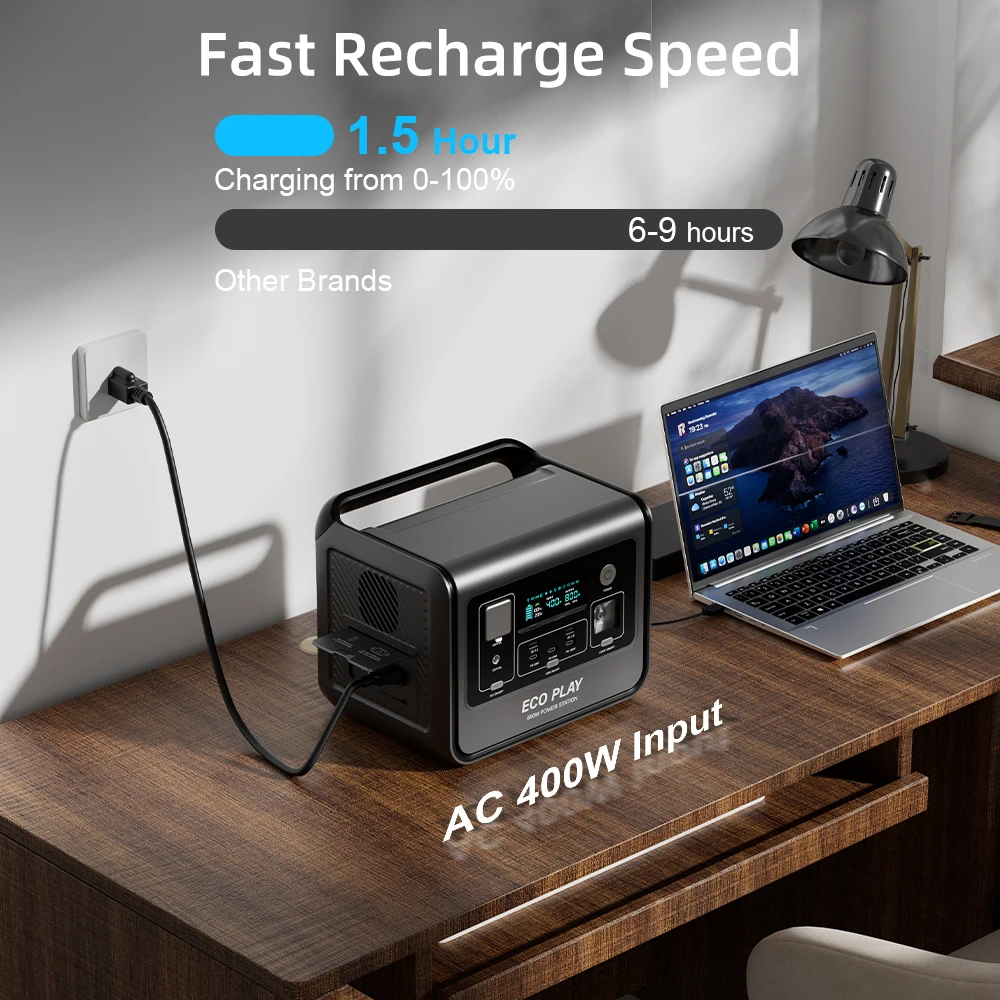 مصدر طاقة محمول Eco Play، EP800 512Wh، بطارية LiFeP04 مع منافذ تيار متردد 800 وات (1600 وات للتخييم في الهواء الطلق RV Home #4