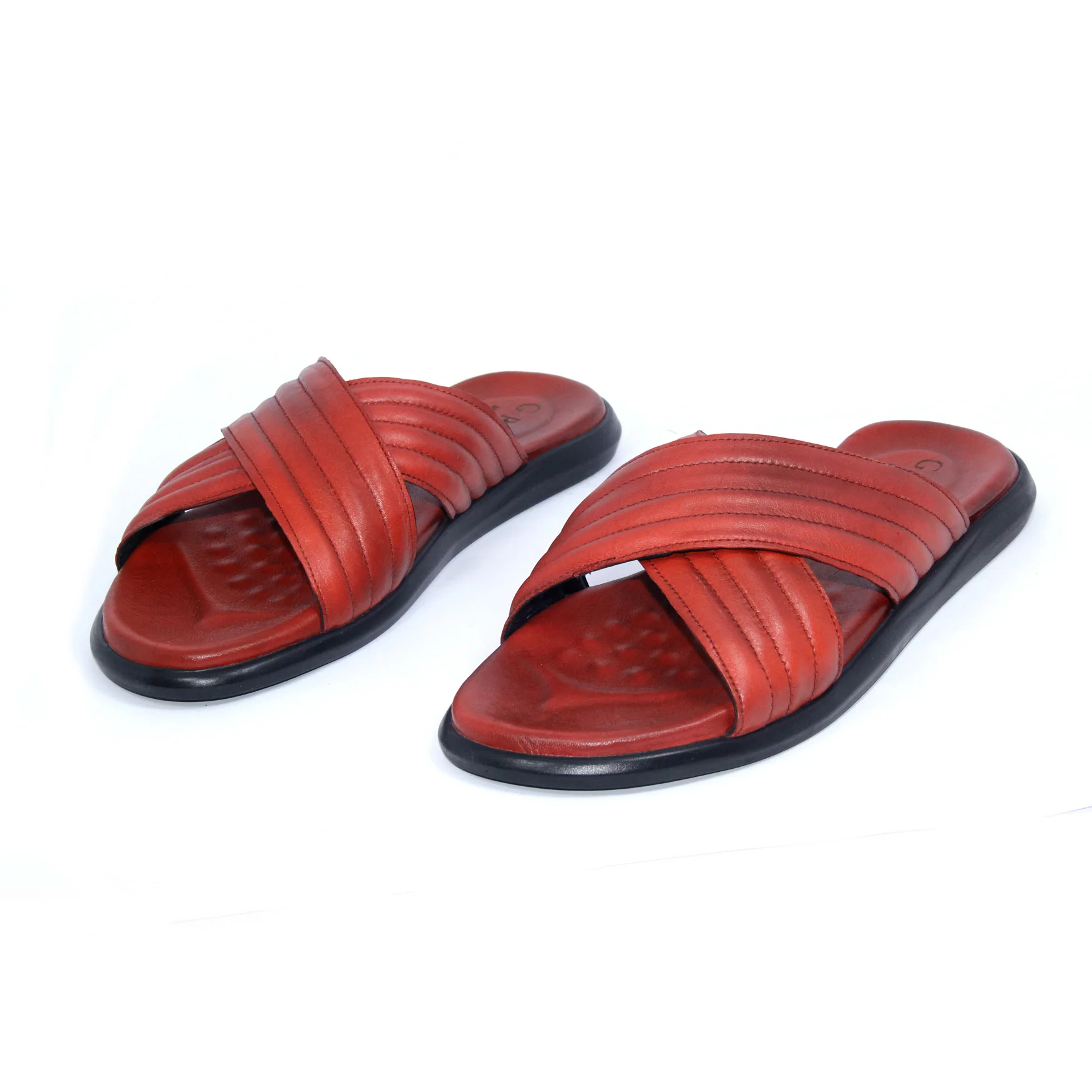 GROZ Red Leather Slippers, Real Calfskin, Soft Striped Lightweight Sliders for Travelling Outdoor Sandals, Summer Collection