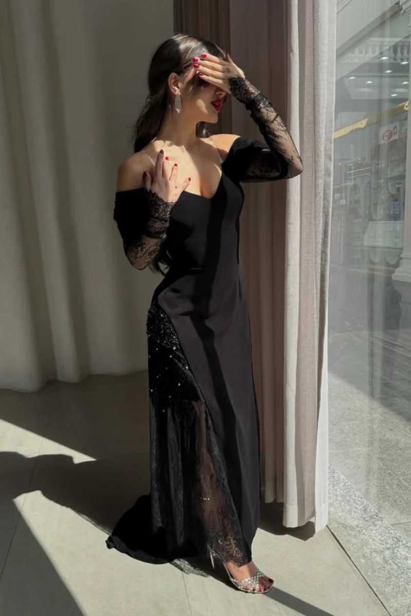 Jessica Black Lace Long-sleeved Shirt Evening Dresses Formal Occasions Prom Dresses Sexy Off-the-shoulder Party Dresses