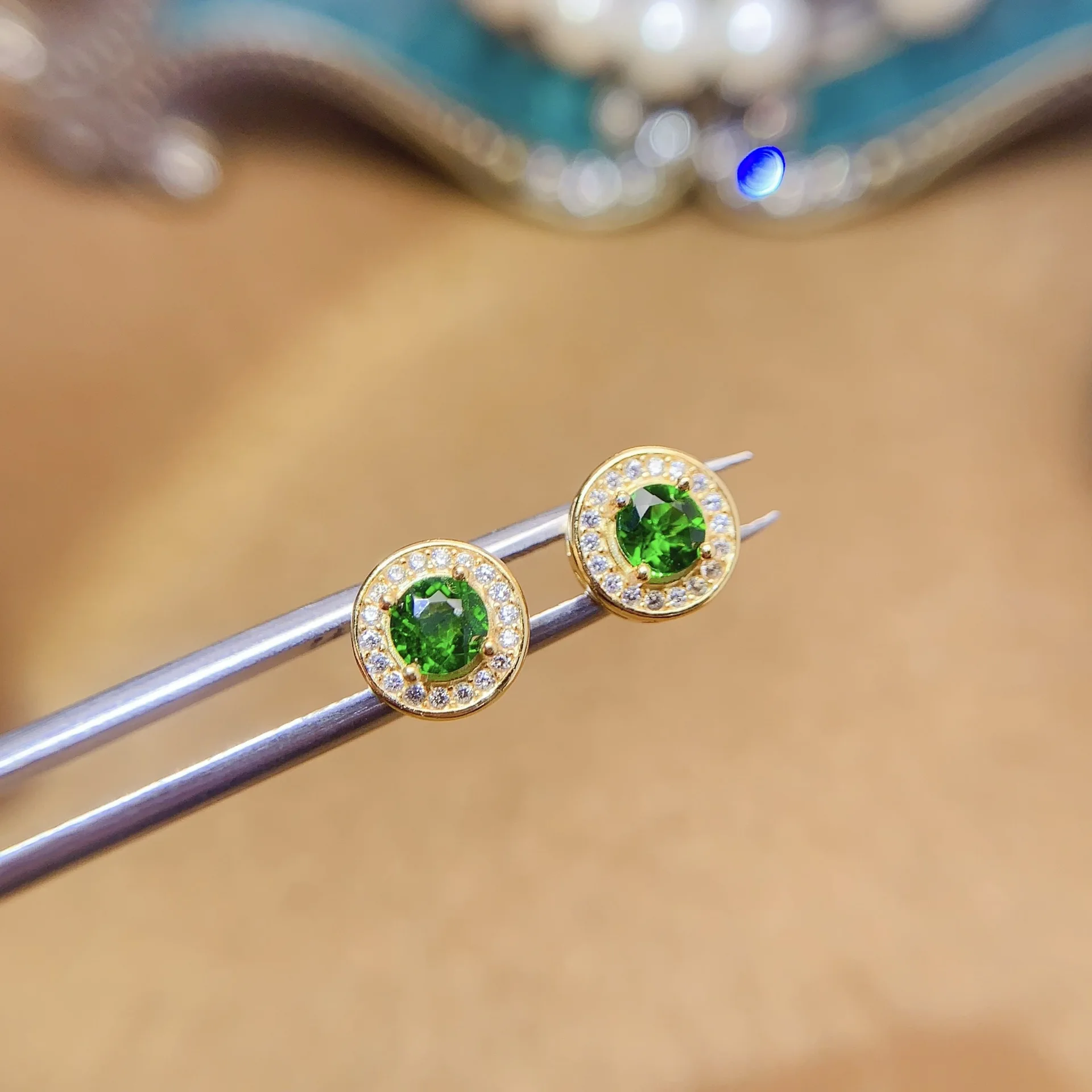 boutique jewelry natural diopside women's earrings 4x4mm 925 sterling silver electroplated 18K gold for girlfriend's birthday,