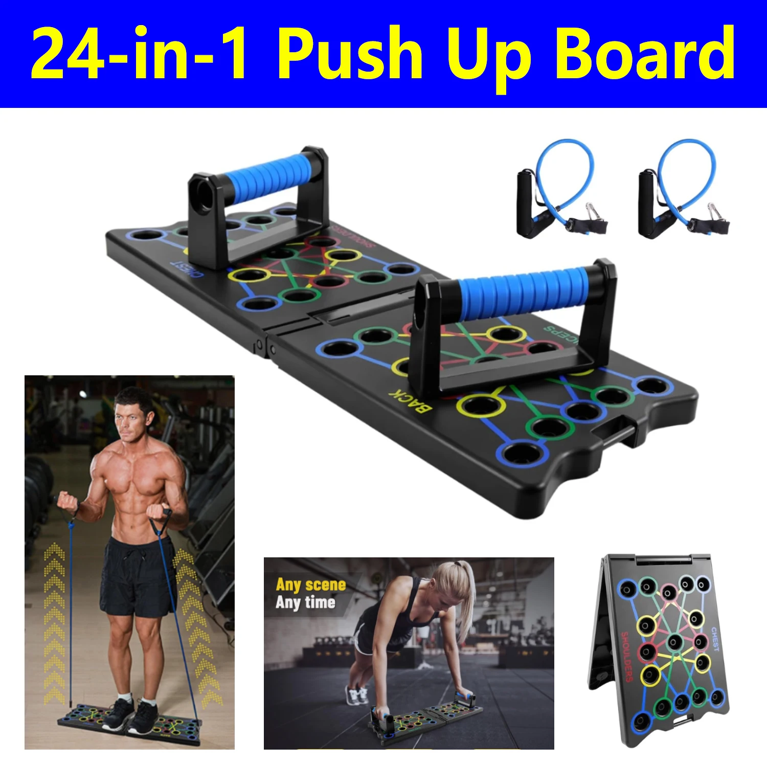 Tabla de Flexiones Plegable con Bandas de Resistencia, Sistema Multifuncional de Barras para Flexiones, Equipo de Gimnasio Portátil para Ejercicios de Pecho, Hombros, Tríceps y Espalda