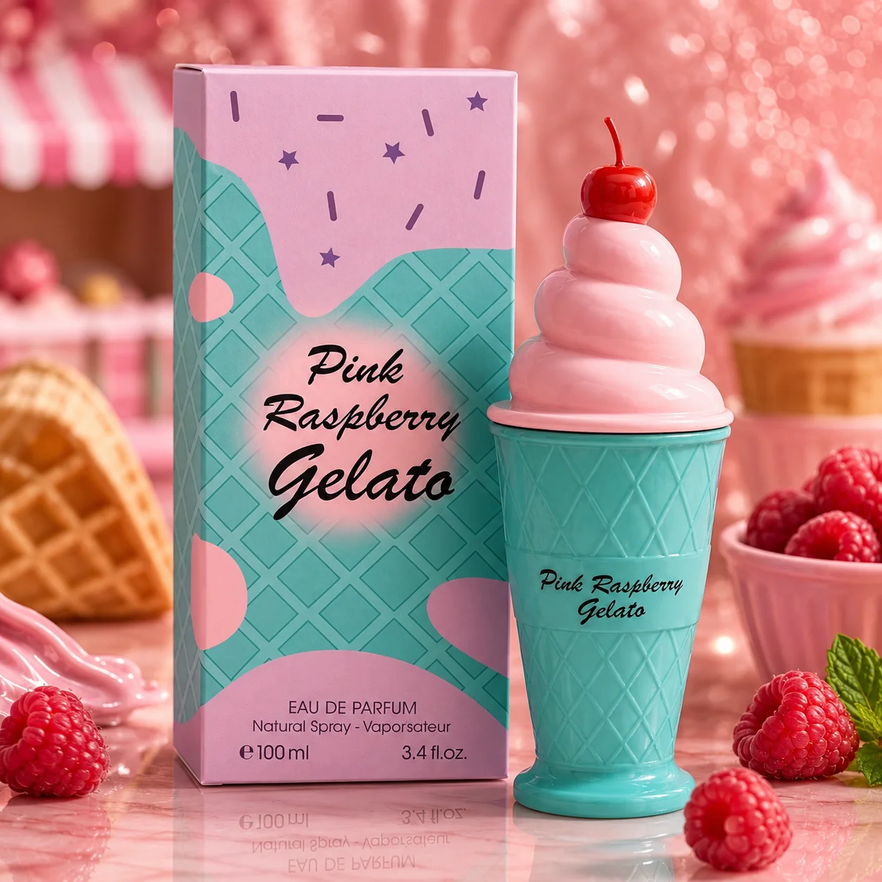 Gelato à la Framboise Rose 100 ml - Fragrance Couture. Eau de Parfum au parfum doux et fruité de framboise, avec une touche crémeuse et onctueuse inspirée de la crème glacée.