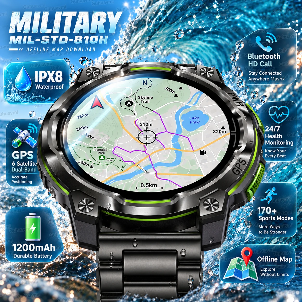 Military All Terrain Accurate OfflineMap SmartWatch GPS Navigation 1200mAh Battery Compass Altimeter Waterproof Swim Sport Watch