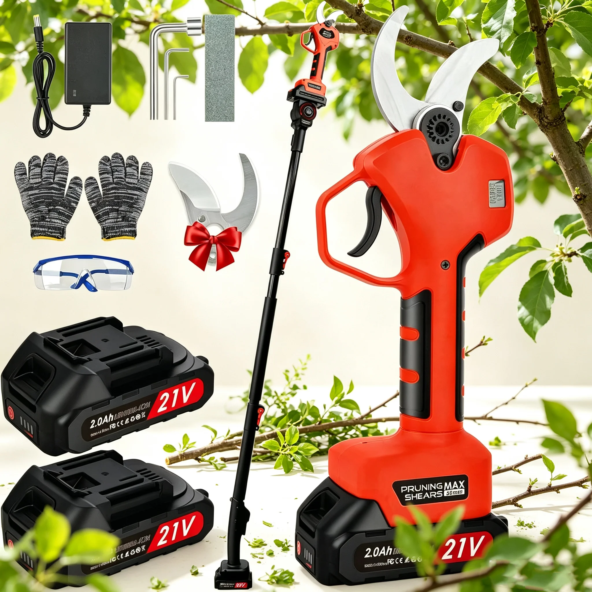 Sécateur électrique sans fil sans balais 1000W 25-50mm, cisailles de taille pour arbres fruitiers et bonsaïs, outil de coupe de branches avec 2 batteries 21V et tige d'extension de 2m