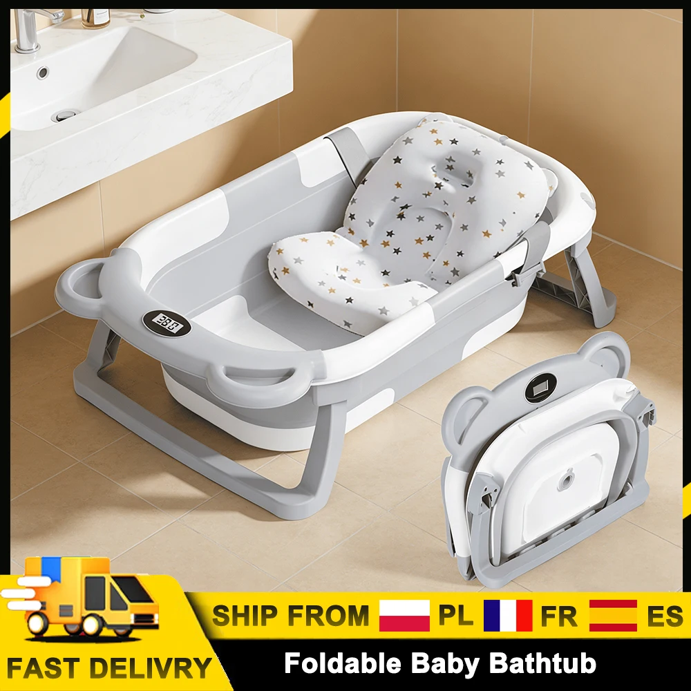 Baignoire pliable pour bébé, douche portable pour nouveau-né avec capteur de température et coussin doux, accessoires de bain pour bébé pour la maison et les voyages