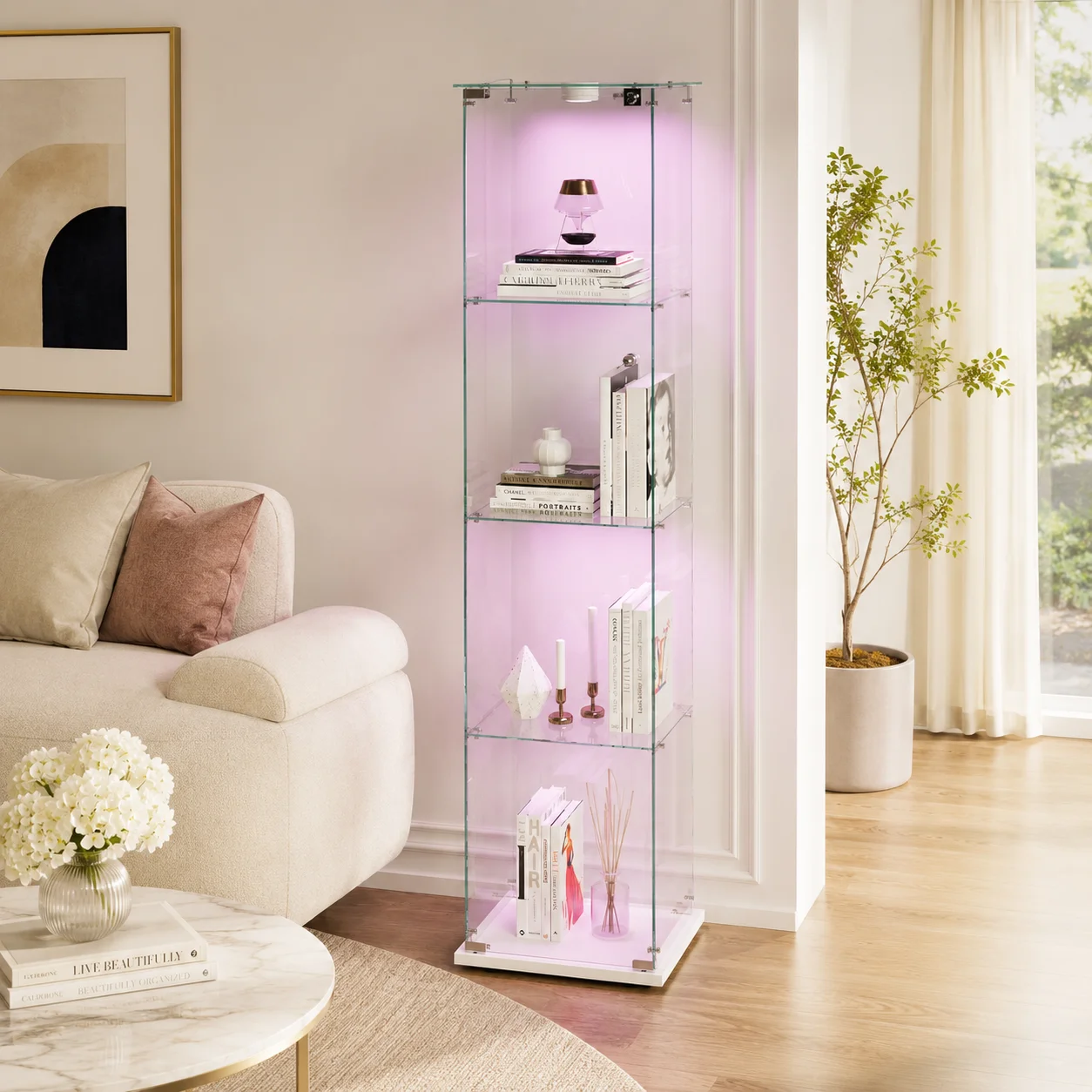 Vitrine en Verre, vitrine sur pied avec 4 étagères, armoire d’exposition transparente, meuble vitrine collection verrouillable pour salon bureau chambre couloir, figurines livres trophées objets déco rangement maison
