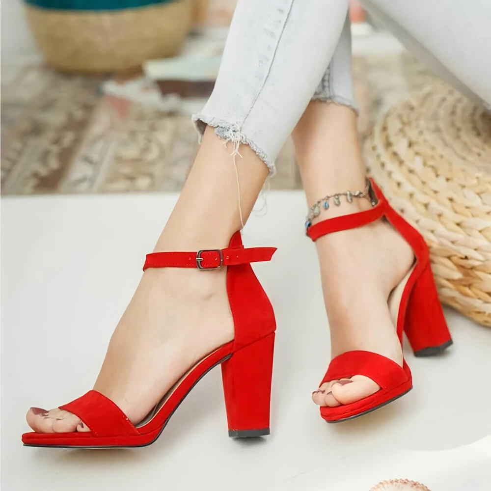 Red Suede Heels Women High Heel Shoes Ladies Ankle Strap Pumps Block Heel Sandals Women 7 cm Heel Sandals