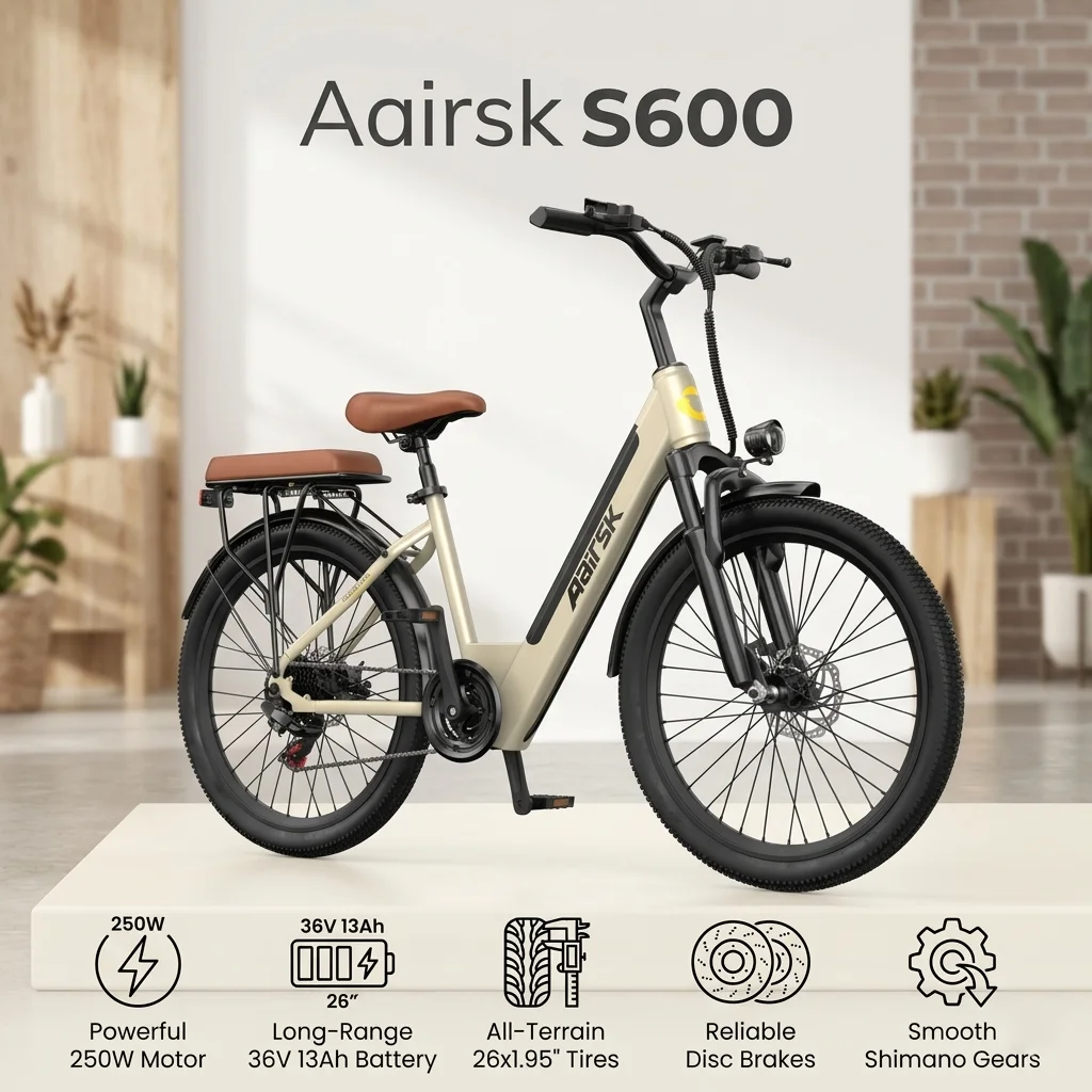 Rower elektryczny Aairsk S600 dla dorosłych, silnik 250W, bateria 36V13AH, opony 26 cali, idealny na weekendowe wycieczki i dojazdy miejskie.