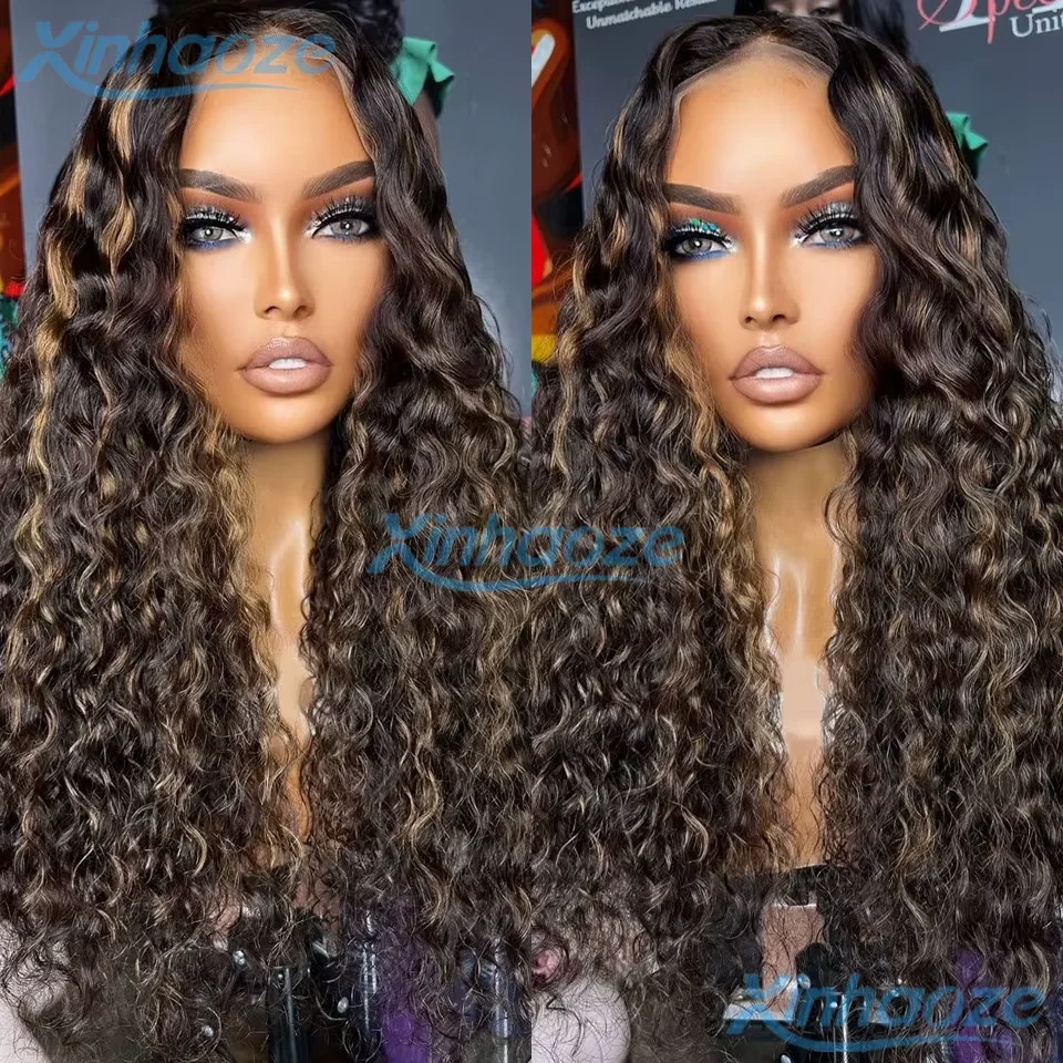 

Dark Brown Thin Line Highlight Glueless Deep Water Wavy 5x5 Silk Top Closure Wigs Bleached Knots Curly 13x6/360 Lace Front Wigs