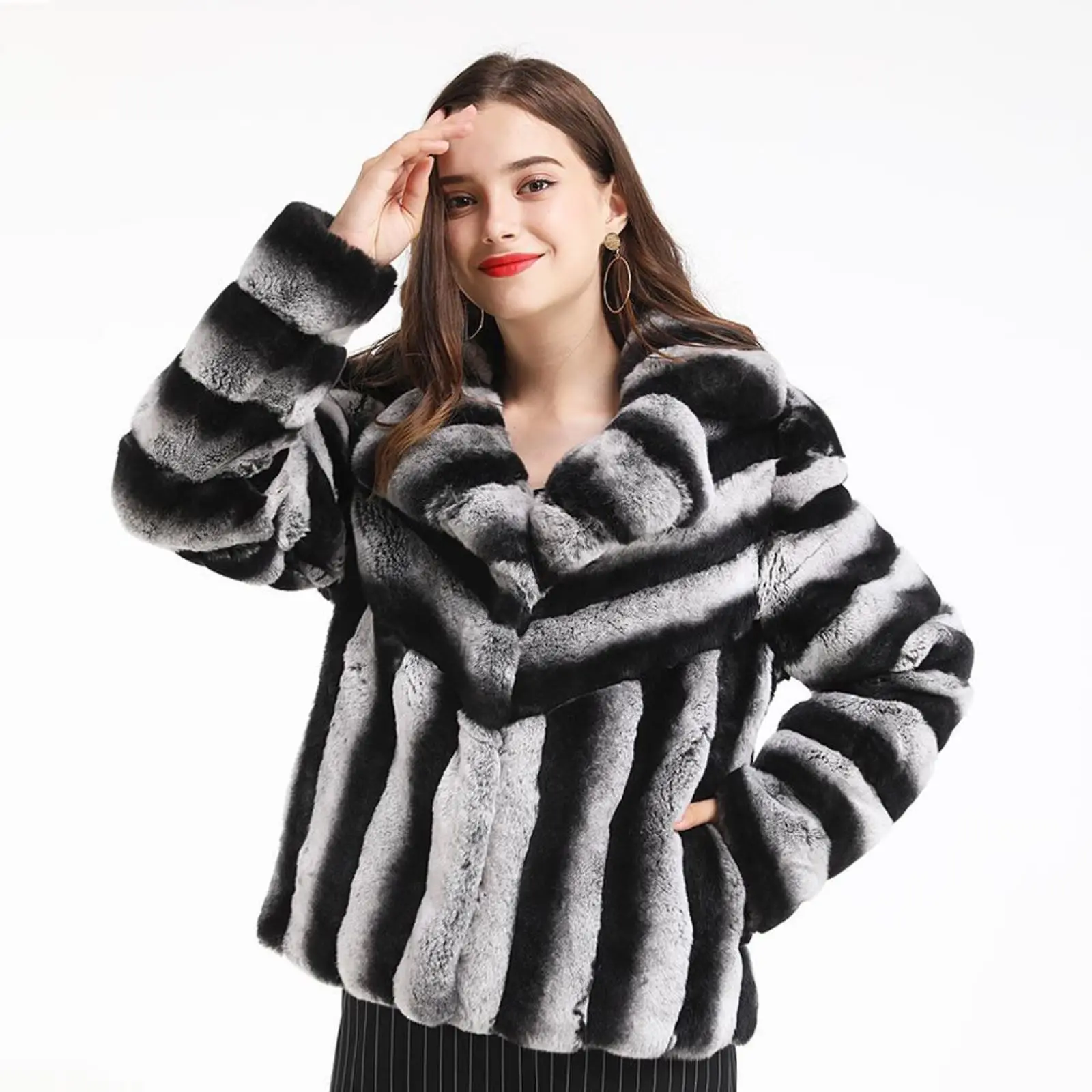 

Luxury Women Real Rex Rabbit Fur Jacket with Turn-down Collar High Quality Woman Winter Fashion Genuine Rex Rabbit Fur Coats