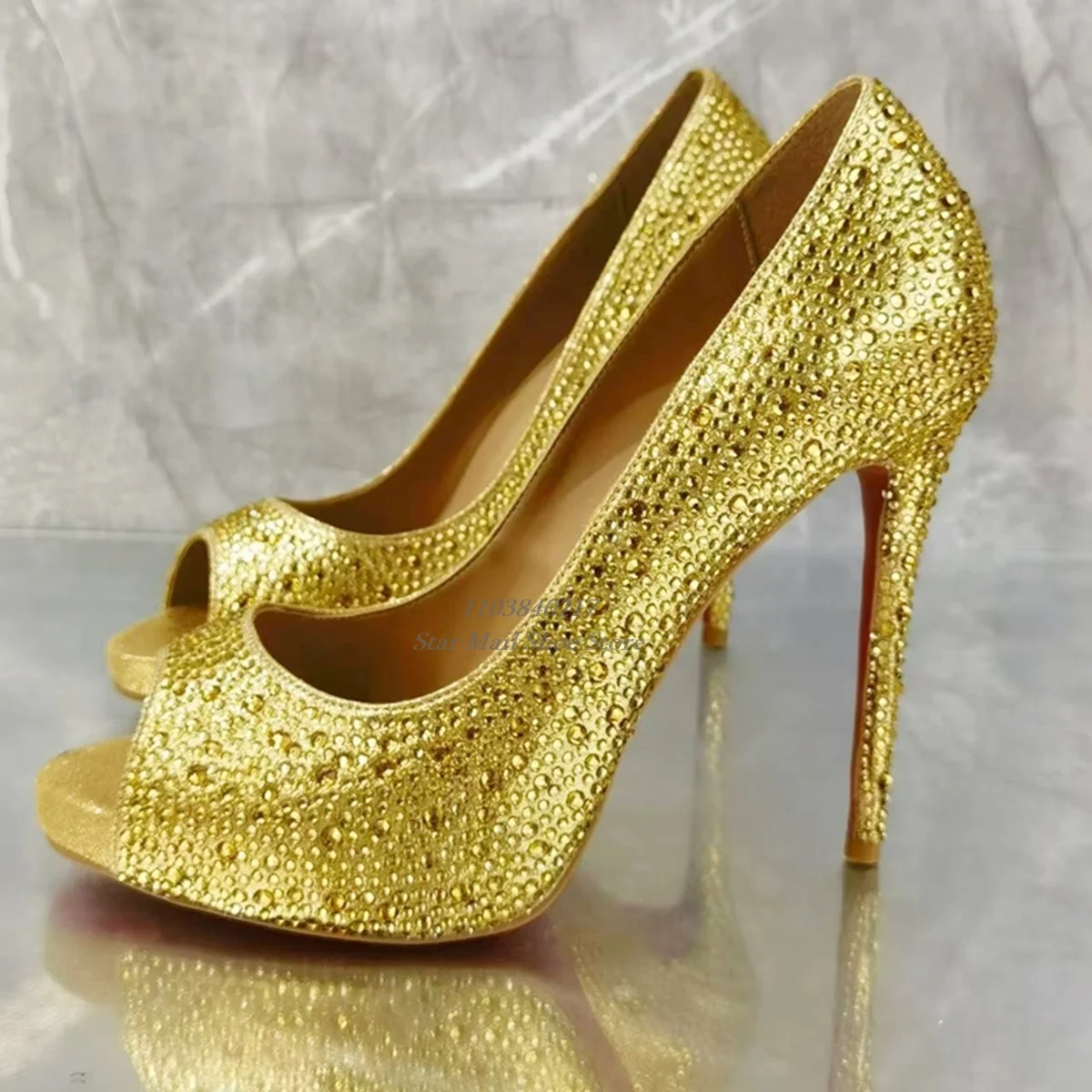 

Peep Toe Yellow Rhinestones Stiletto Thin Heels Crystal Decoration Leather Mules Concise Sequins Spring and Autumn Wedding Shoes