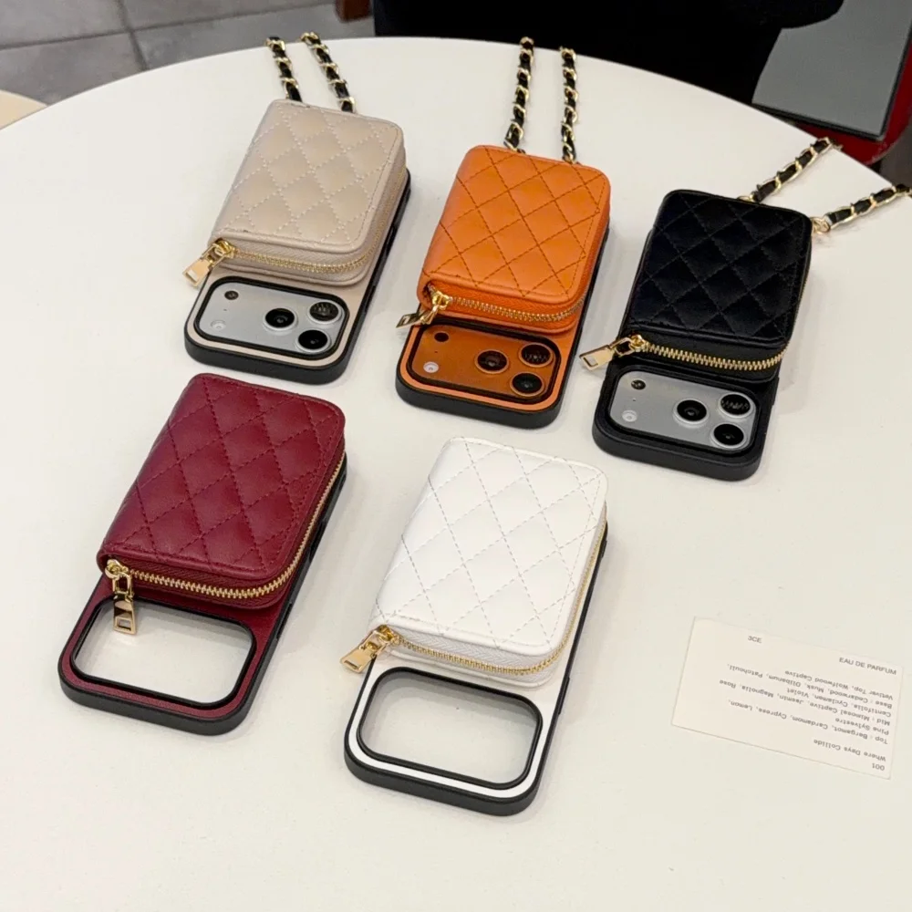 

Fashionable leather solid color card holder cross-body lanyard mobile case,suitable for iPhone14/15/16/17ProMax, protective case