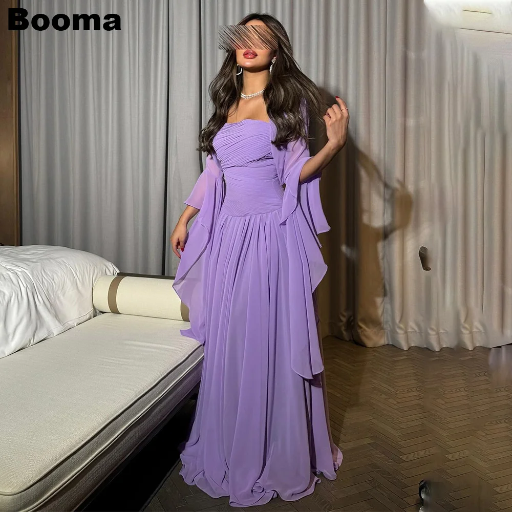 Booma A-Line Chiffon Evening Dresses Long Sleeves Pleats Formal Occasion Gowns for Women Saudi Arabric Prom Dresses Bespoke