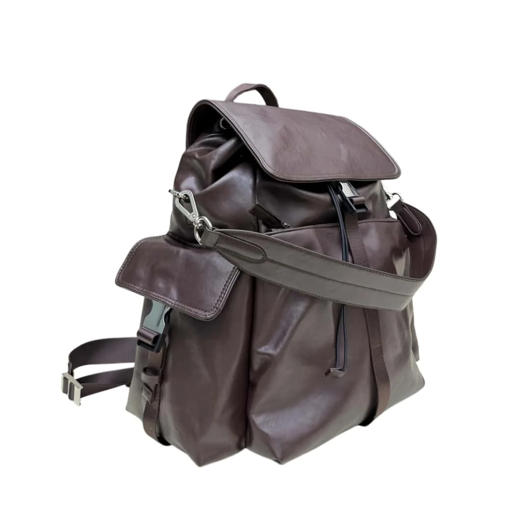 87-Vintage Distressed Cowhide Flap Backpack, Nylon Body Multi‑Pocket 3‑Way Carry Rucksack, 36‑36‑14cm