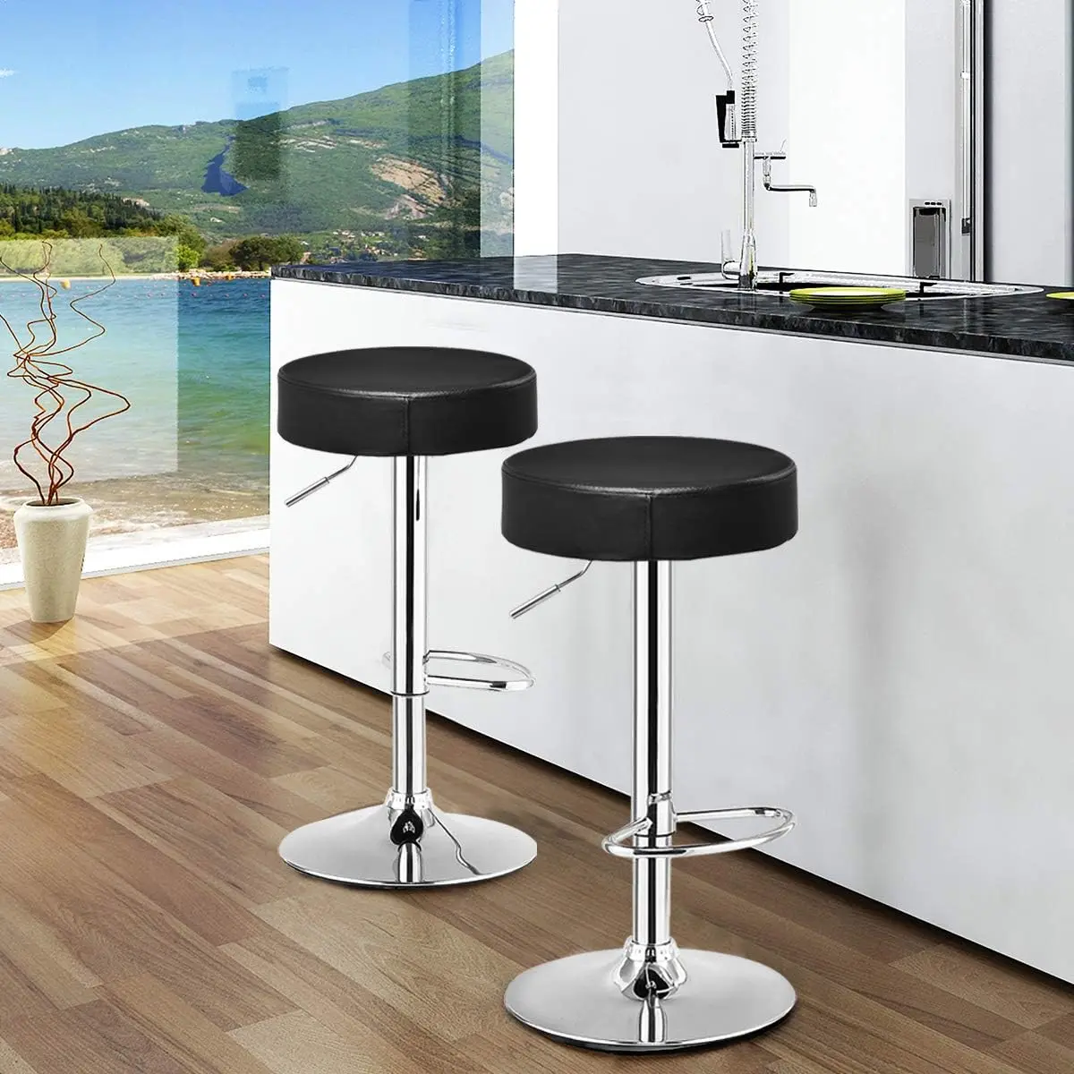 PU Leather Bar Stool, giratória moderna, Backless Barstool Rodada, sem braços Bar cadeira, altura ajustável, Chrome apoio para os pés