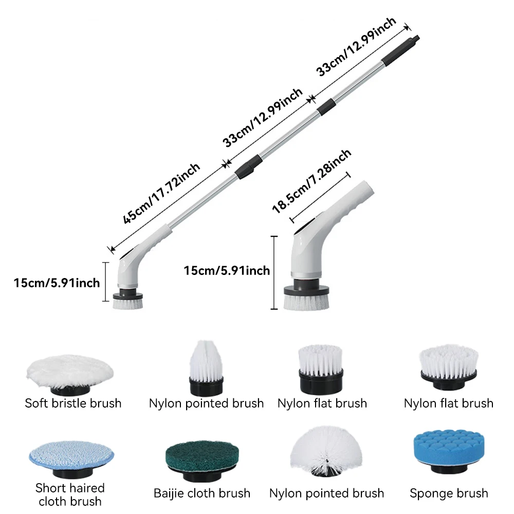 فرشاة تنظيف كهربائية، فرشاة تنظيف دوارة لاسلكية، مقبض ممتد قابل للتعديل مع 8 رؤوس قابلة للاستبدال للحمام والمطبخ والمرحاض