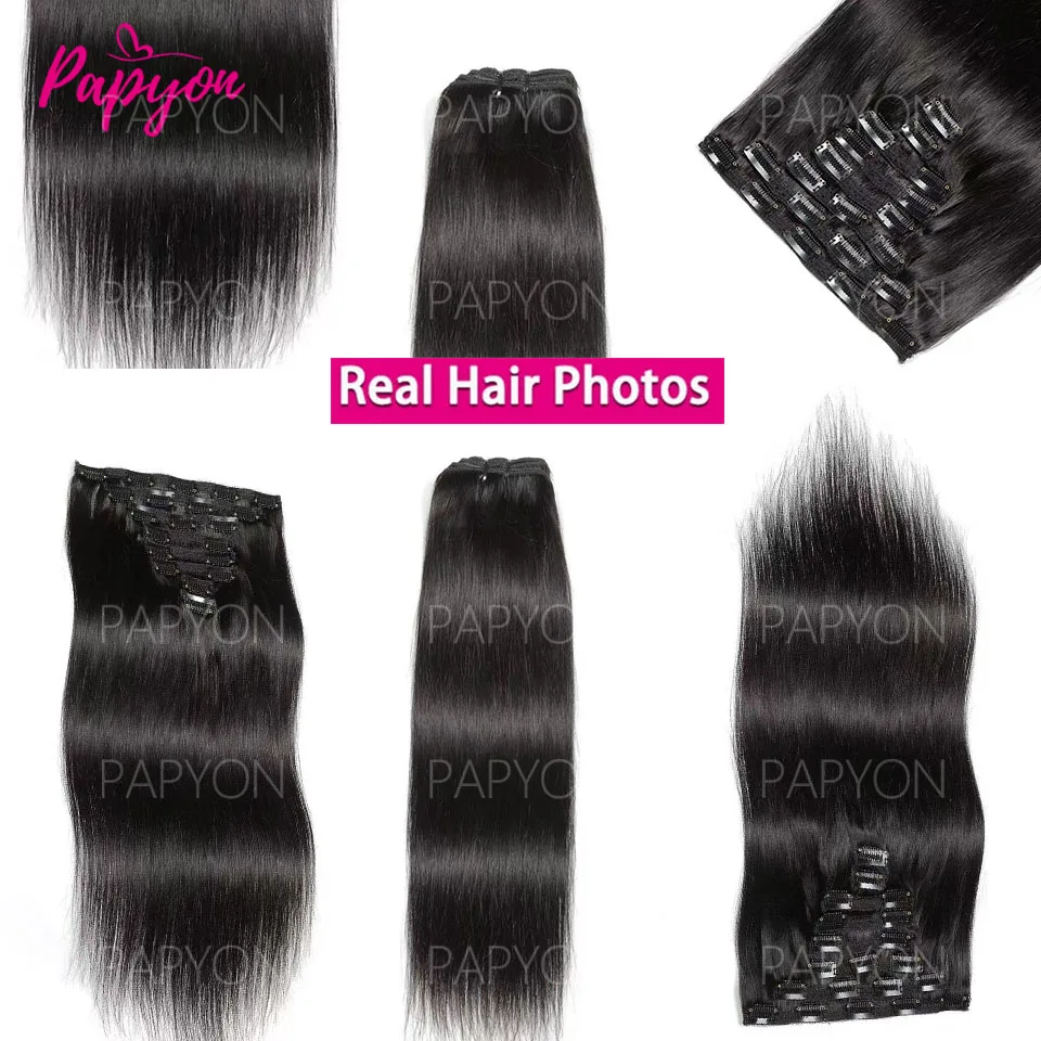 PAPYON Gerade Clip-in-Haarverlängerungen aus 100 % Echthaar, dickes brasilianisches Echthaar, natürliche Farbe, 120 g/Stück, nahtloser Tressenverschluss, 22, 24, 26, 28, 30 Zoll – Detail 4