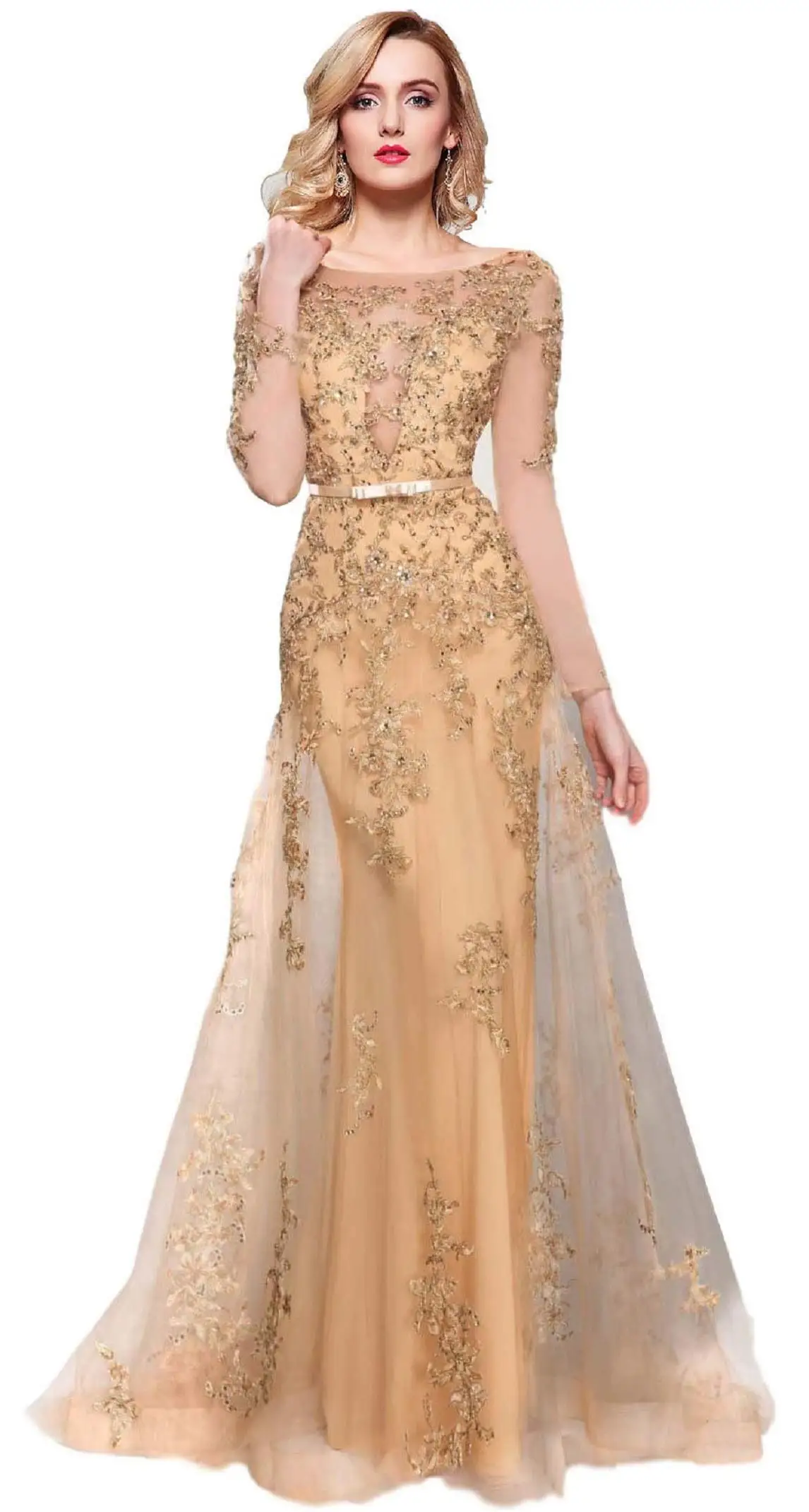 Elegant Deep V Neck Rhinestone A-Line Gown Timeless Embroidered Long Sleeve Tulle Formal Evening Gown for Formal Occasions