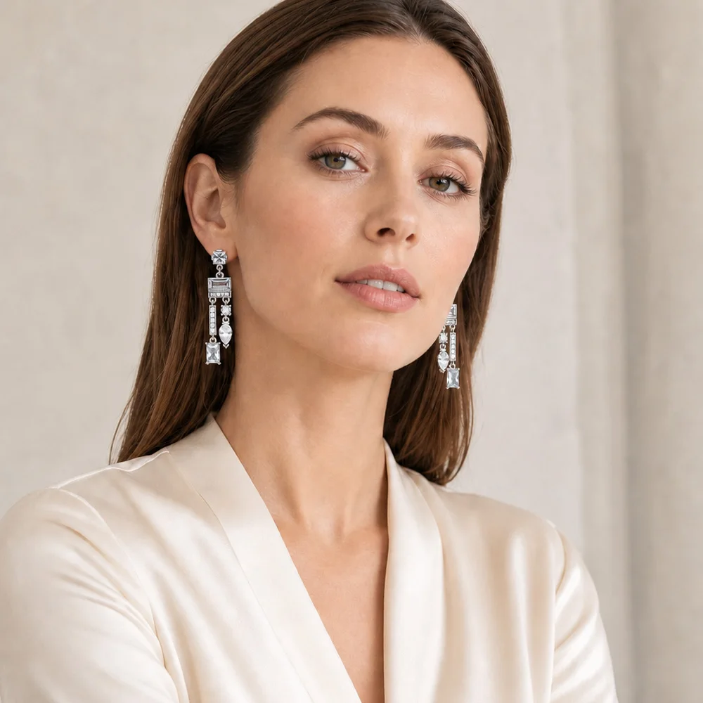 White Mix of Shapes Drop Earrings,Stunning Chandelier Jewelry For Women Summer Brand New Sterling Silver 925 Trendy Gift