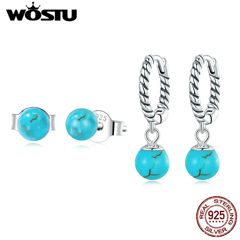 WOSTU 925 Sterling Silver Classical Round Turquoise Stud Buckles For Women Vintage Twist Hoop Earrings Wedding Jewelry Brincos