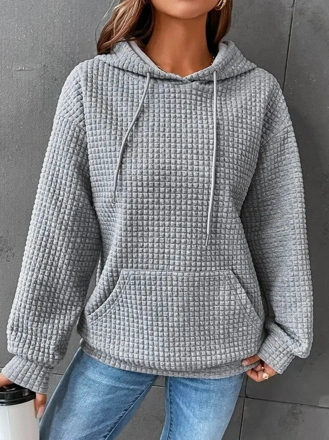 Women's Winter Thick Waffle Knit Solid Color Round Neck Pocket Sweatshirt Hip Length Crinkled Hoodie Women's Hoodies And