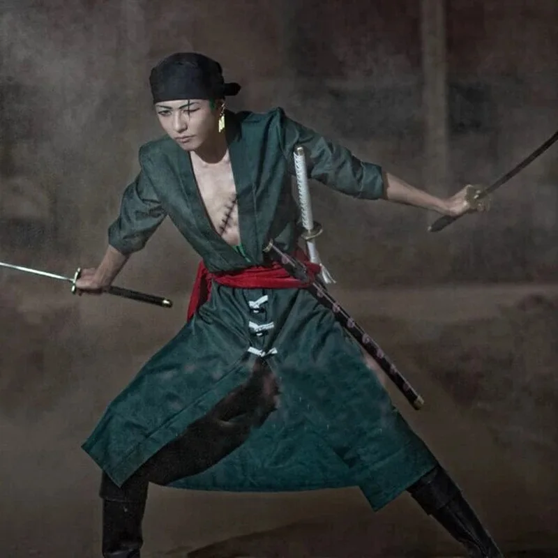 

Roronoa Zoro Cosplay Costume Samurai Style Green Robe with Red Belt Halloween Outfit for Men Anime Role Play Clothing
