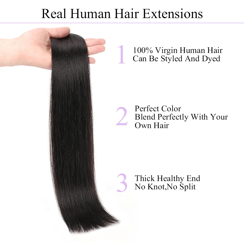 Extensiones de cabello humano con Clip, extensiones rectas de cabello humano Real, Clip de trama Doble