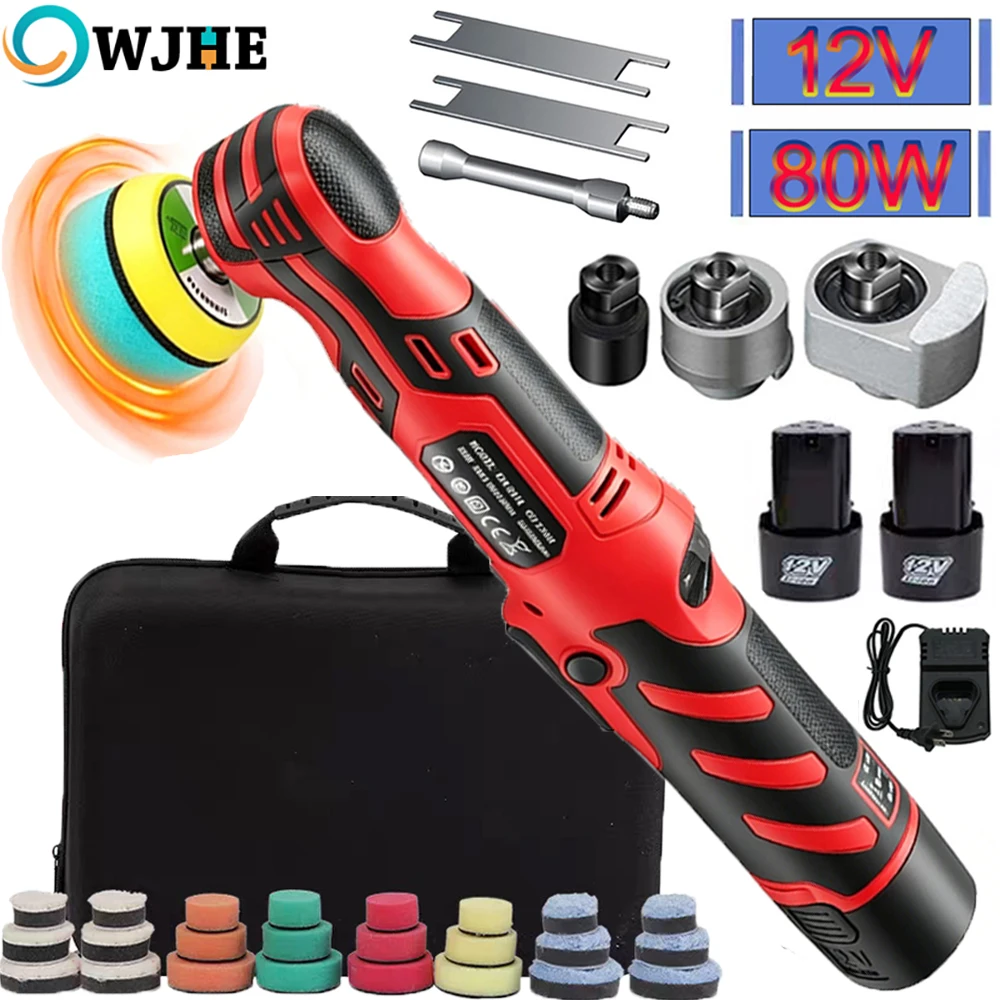 OWJHE Tragbarer 12V Kabelloser Mini-Autopolierer mit Leinentasche, kabellose Poliermaschine für die Fahrzeugaufbereitung, 1/1,5/2 Zoll Pad-Set für Autowachs, einstellbare Geschwindigkeit